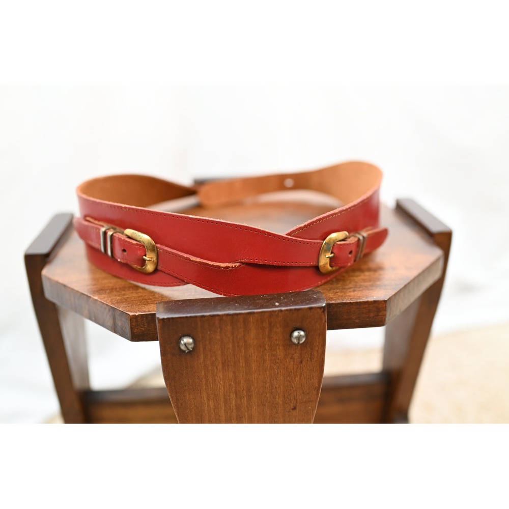 Vintage Red Leather Waist Belt Double Buckle Wide Cinch Brass Hardware